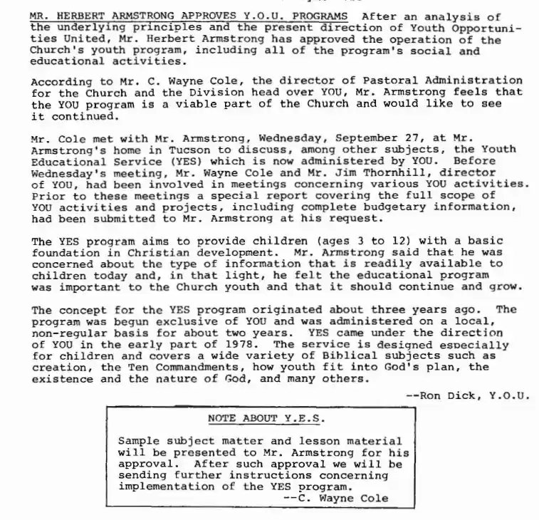 HWA approves YOU Programs, Pastors Report, 3Oct1978